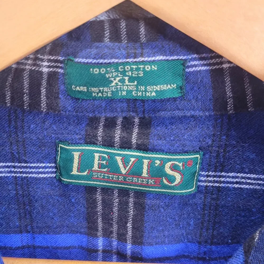 Vintage Levis Sutter Creek XL Flannel Shirt Blue Plaid Cabin Grunge Workwear USA